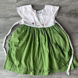 White & Green Girls Holiday Dress with Tree Embroidery